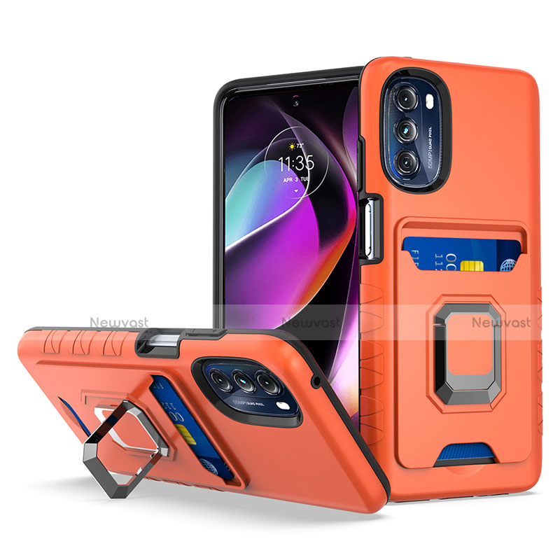 Silicone Matte Finish and Plastic Back Cover Case with Magnetic Finger Ring Stand S02 for Motorola Moto G 5G (2022) Orange