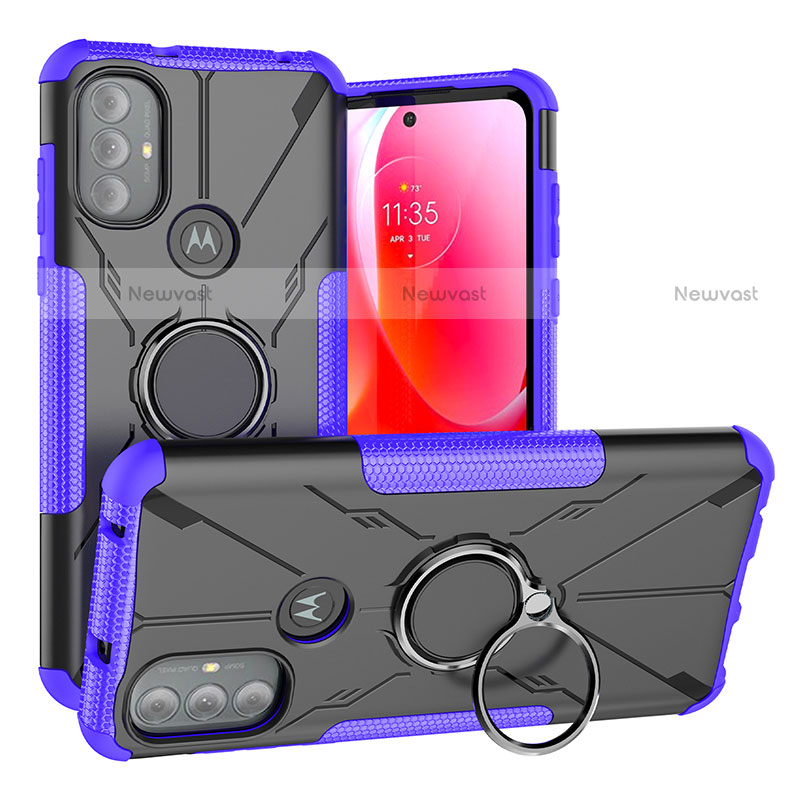 Silicone Matte Finish and Plastic Back Cover Case with Magnetic Finger Ring Stand S02 for Motorola Moto G Power (2022) Purple