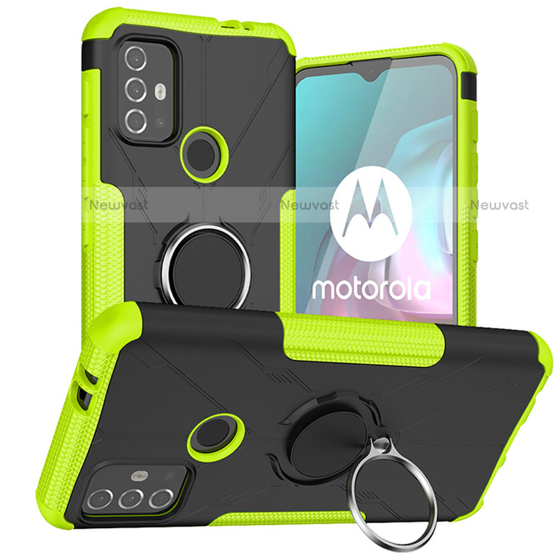 Silicone Matte Finish and Plastic Back Cover Case with Magnetic Finger Ring Stand S02 for Motorola Moto G10