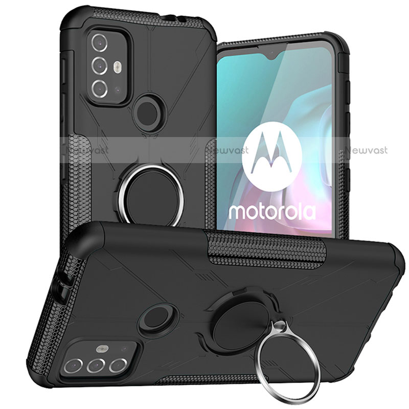 Silicone Matte Finish and Plastic Back Cover Case with Magnetic Finger Ring Stand S02 for Motorola Moto G10 Black