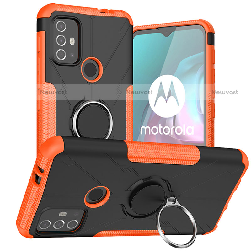 Silicone Matte Finish and Plastic Back Cover Case with Magnetic Finger Ring Stand S02 for Motorola Moto G10 Orange