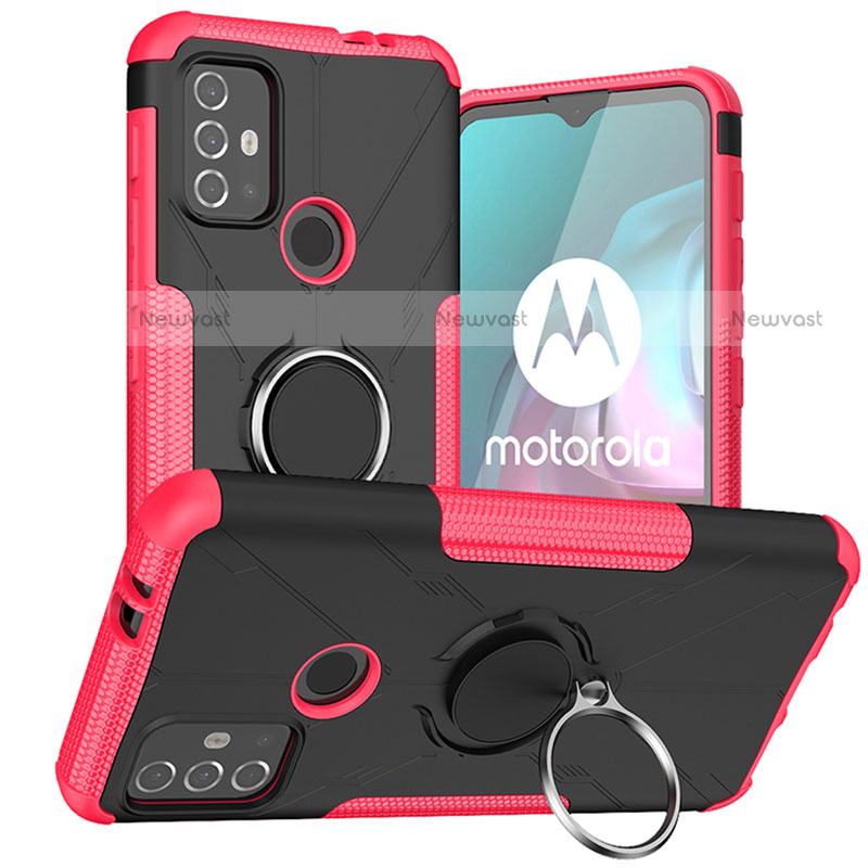 Silicone Matte Finish and Plastic Back Cover Case with Magnetic Finger Ring Stand S02 for Motorola Moto G20