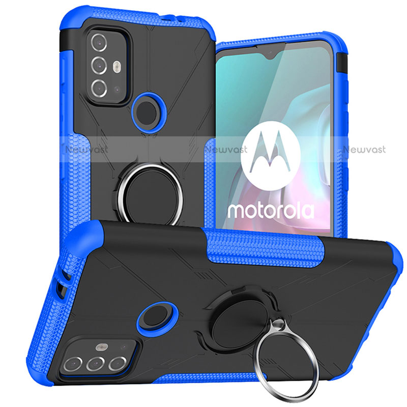 Silicone Matte Finish and Plastic Back Cover Case with Magnetic Finger Ring Stand S02 for Motorola Moto G20 Blue