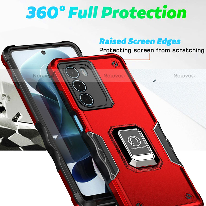 Silicone Matte Finish and Plastic Back Cover Case with Magnetic Finger Ring Stand S02 for Motorola Moto G200 5G