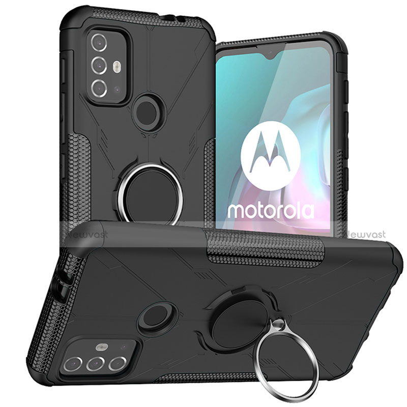 Silicone Matte Finish and Plastic Back Cover Case with Magnetic Finger Ring Stand S02 for Motorola Moto G30