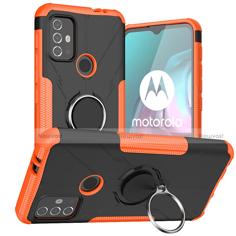 Silicone Matte Finish and Plastic Back Cover Case with Magnetic Finger Ring Stand S02 for Motorola Moto G30 Orange