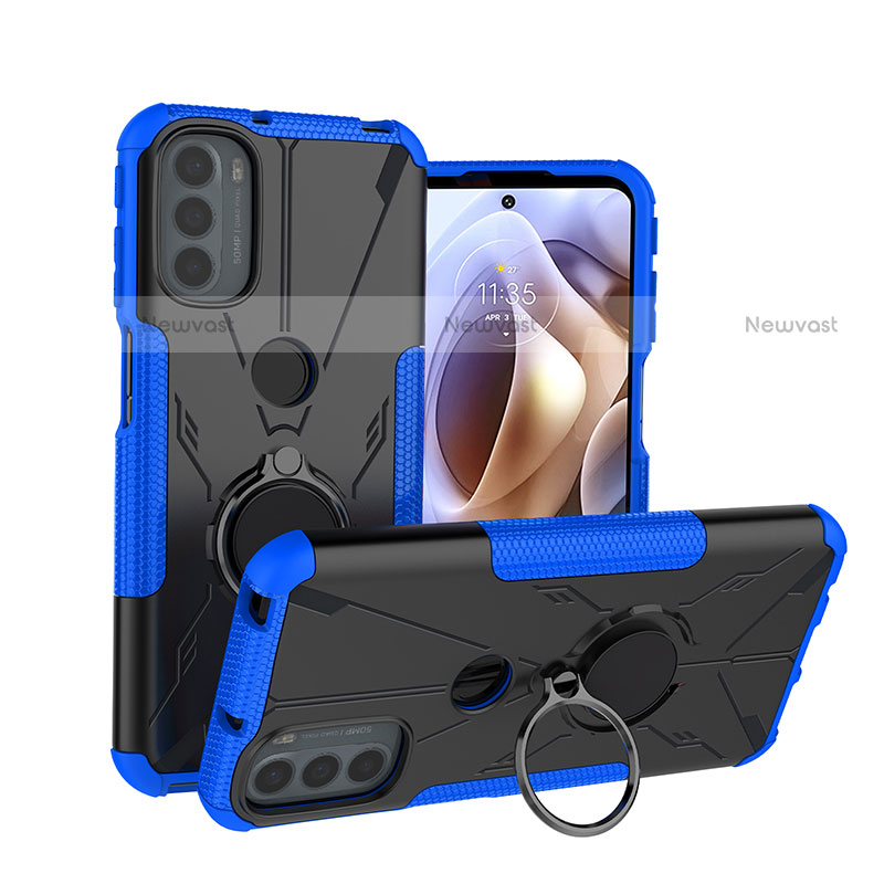 Silicone Matte Finish and Plastic Back Cover Case with Magnetic Finger Ring Stand S02 for Motorola Moto G31 Blue