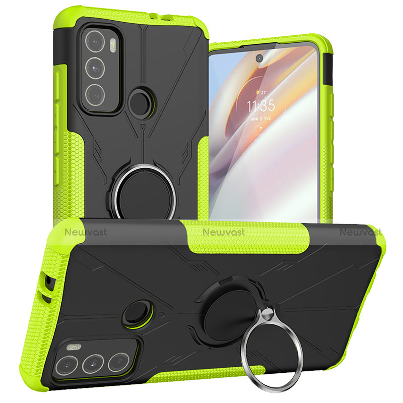 Silicone Matte Finish and Plastic Back Cover Case with Magnetic Finger Ring Stand S02 for Motorola Moto G40 Fusion Green