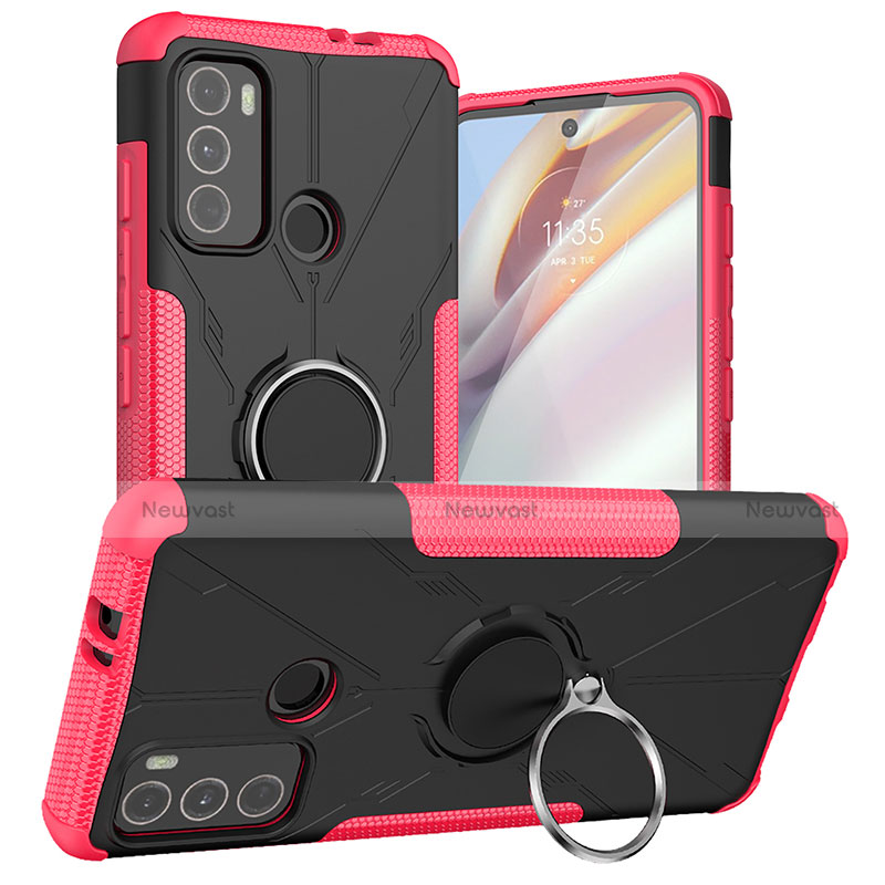 Silicone Matte Finish and Plastic Back Cover Case with Magnetic Finger Ring Stand S02 for Motorola Moto G40 Fusion Hot Pink