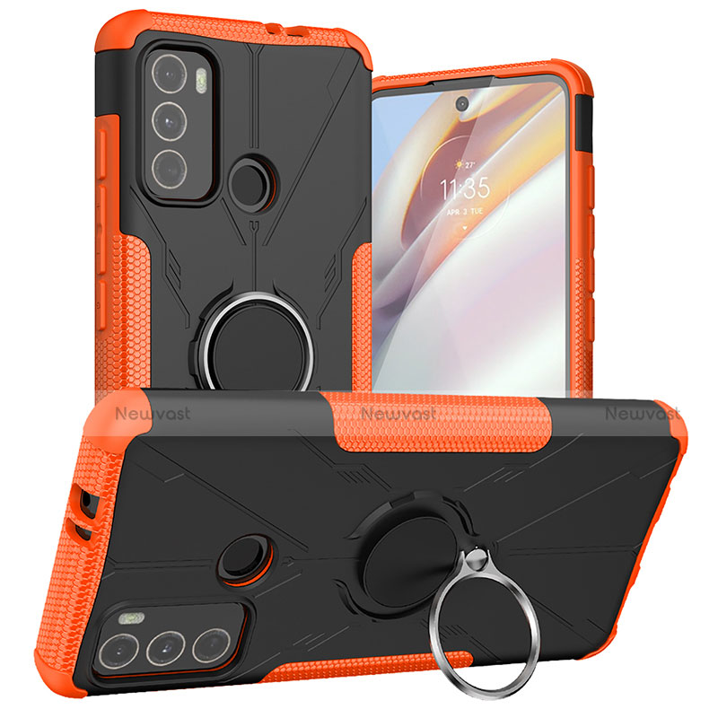 Silicone Matte Finish and Plastic Back Cover Case with Magnetic Finger Ring Stand S02 for Motorola Moto G40 Fusion Orange