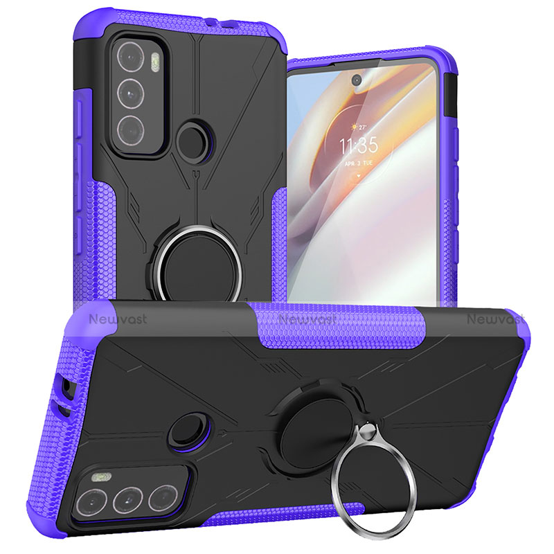 Silicone Matte Finish and Plastic Back Cover Case with Magnetic Finger Ring Stand S02 for Motorola Moto G40 Fusion Purple