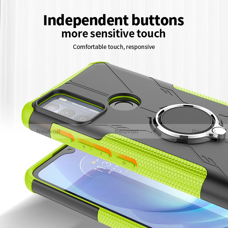 Silicone Matte Finish and Plastic Back Cover Case with Magnetic Finger Ring Stand S02 for Motorola Moto G50