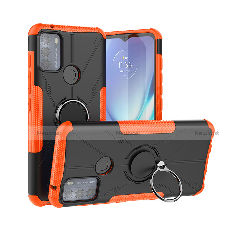 Silicone Matte Finish and Plastic Back Cover Case with Magnetic Finger Ring Stand S02 for Motorola Moto G50 Orange