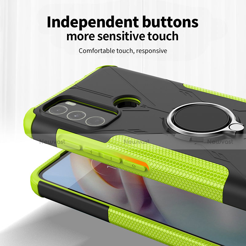 Silicone Matte Finish and Plastic Back Cover Case with Magnetic Finger Ring Stand S02 for Motorola Moto G60