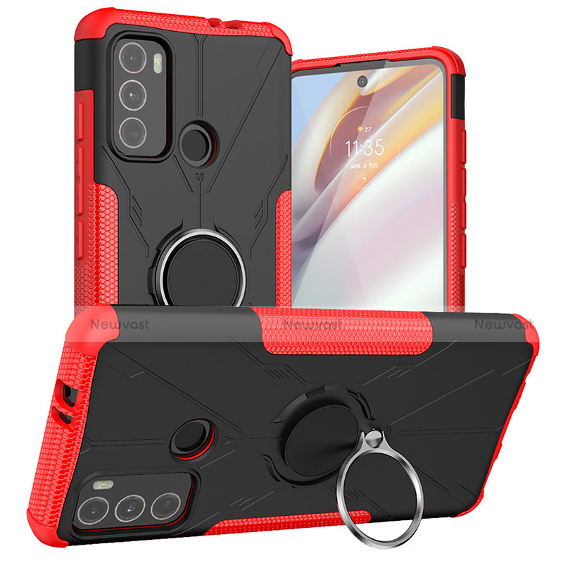 Silicone Matte Finish and Plastic Back Cover Case with Magnetic Finger Ring Stand S02 for Motorola Moto G60 Red