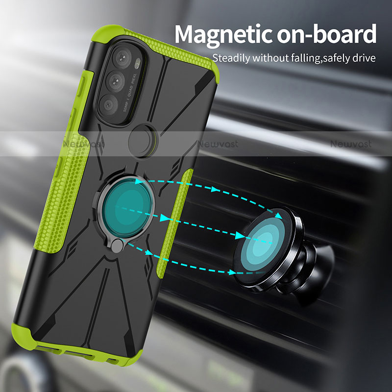 Silicone Matte Finish and Plastic Back Cover Case with Magnetic Finger Ring Stand S02 for Motorola Moto G71 5G