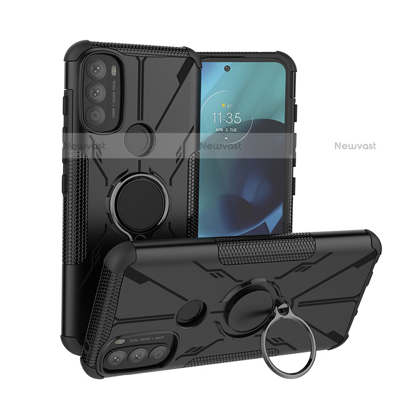 Silicone Matte Finish and Plastic Back Cover Case with Magnetic Finger Ring Stand S02 for Motorola Moto G71 5G Black