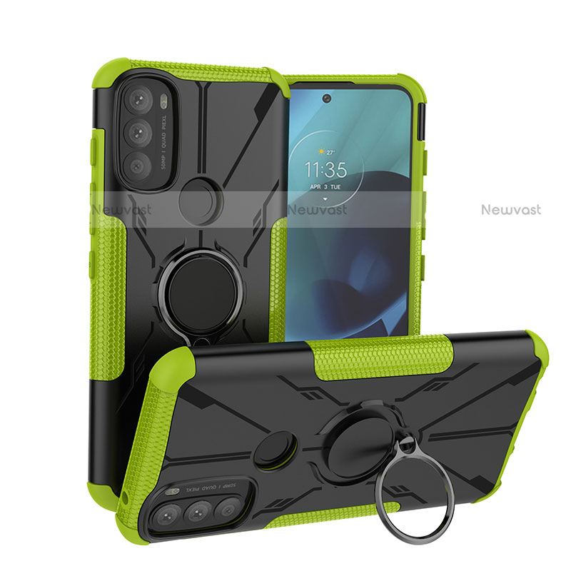 Silicone Matte Finish and Plastic Back Cover Case with Magnetic Finger Ring Stand S02 for Motorola Moto G71 5G Green