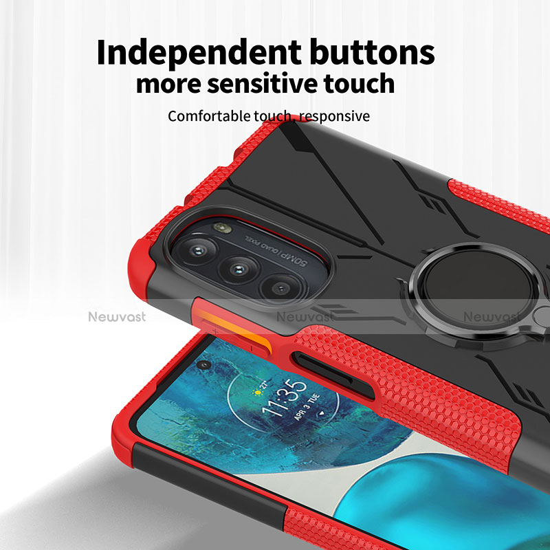 Silicone Matte Finish and Plastic Back Cover Case with Magnetic Finger Ring Stand S02 for Motorola Moto G71s 5G