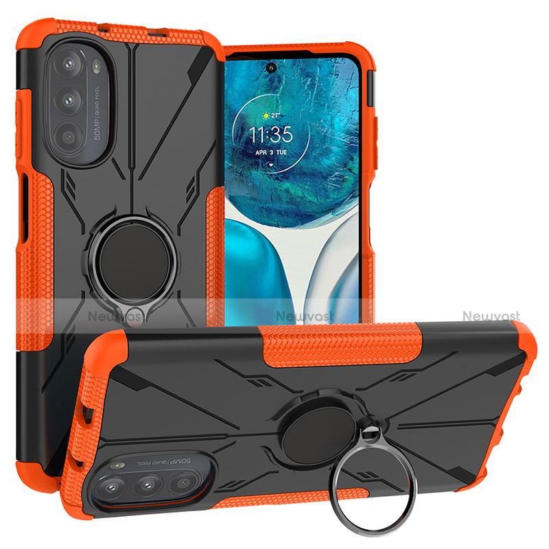 Silicone Matte Finish and Plastic Back Cover Case with Magnetic Finger Ring Stand S02 for Motorola Moto G82 5G Orange