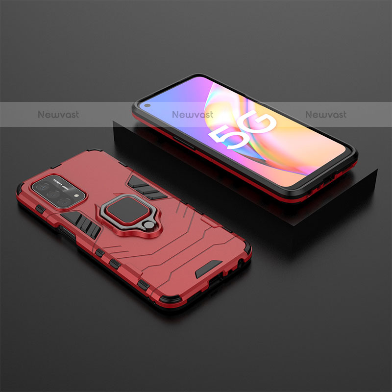 Silicone Matte Finish and Plastic Back Cover Case with Magnetic Finger Ring Stand S02 for OnePlus Nord N200 5G Red