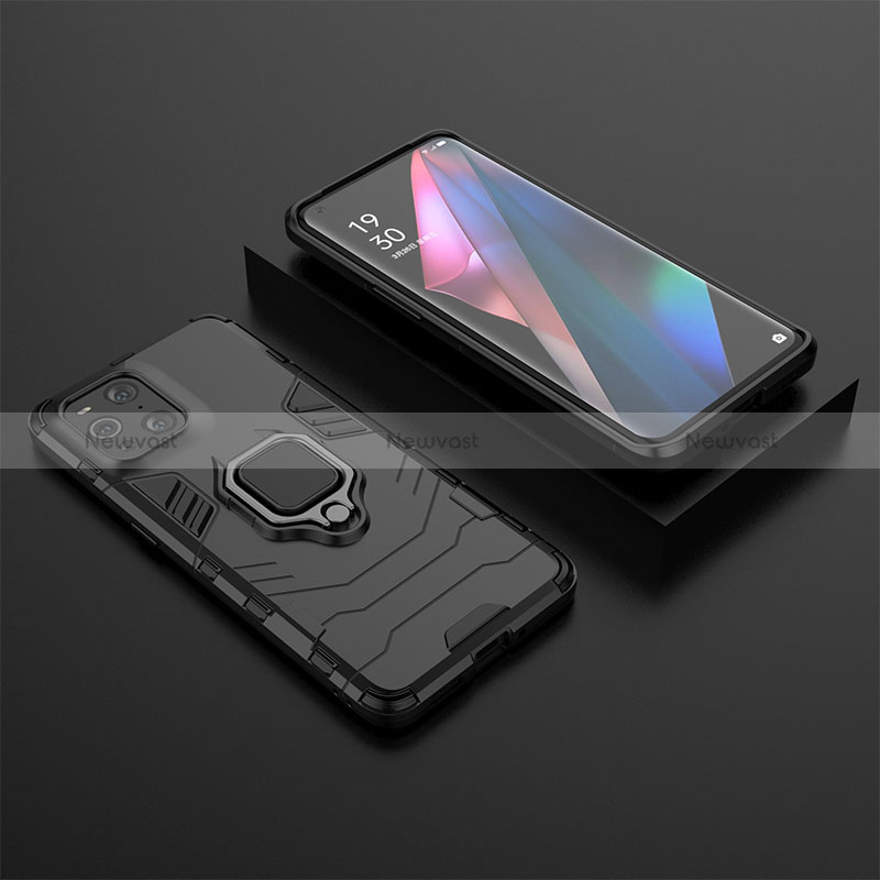 Silicone Matte Finish and Plastic Back Cover Case with Magnetic Finger Ring Stand S02 for Oppo Find X3 5G