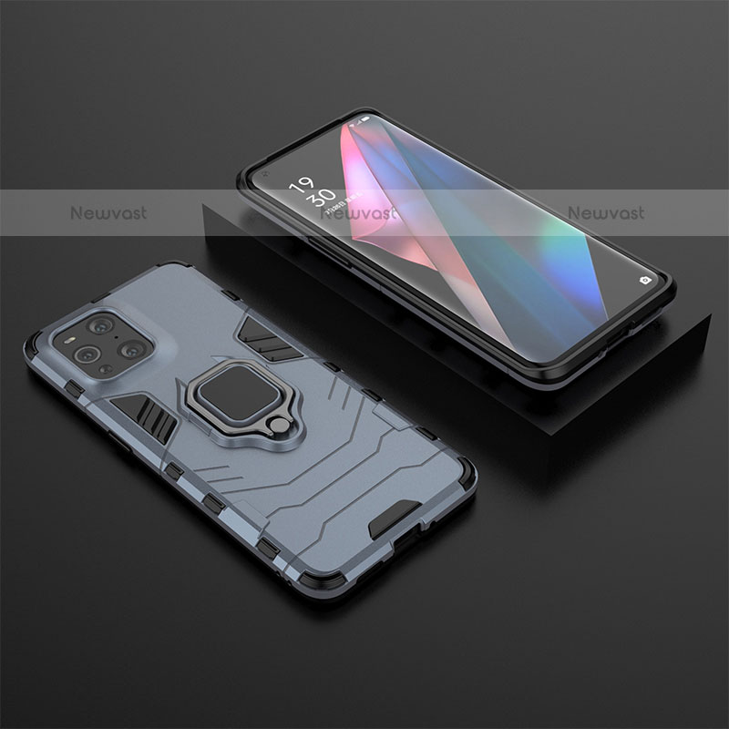Silicone Matte Finish and Plastic Back Cover Case with Magnetic Finger Ring Stand S02 for Oppo Find X3 Pro 5G