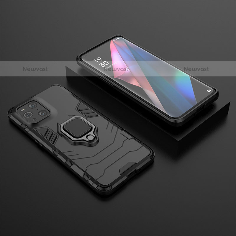 Silicone Matte Finish and Plastic Back Cover Case with Magnetic Finger Ring Stand S02 for Oppo Find X3 Pro 5G Black