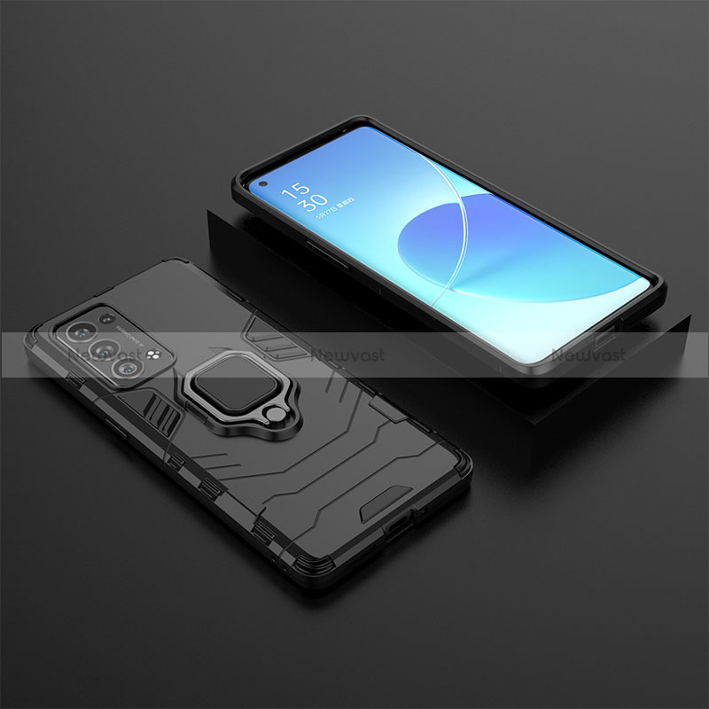 Silicone Matte Finish and Plastic Back Cover Case with Magnetic Finger Ring Stand S02 for Oppo Reno6 Pro+ Plus 5G Black