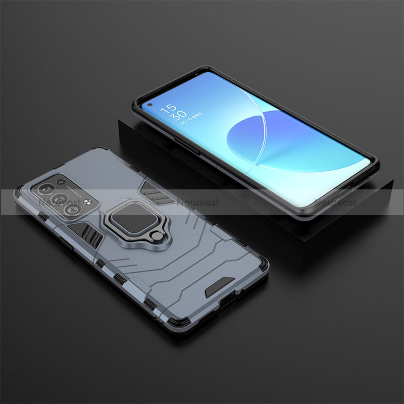 Silicone Matte Finish and Plastic Back Cover Case with Magnetic Finger Ring Stand S02 for Oppo Reno6 Pro+ Plus 5G Blue