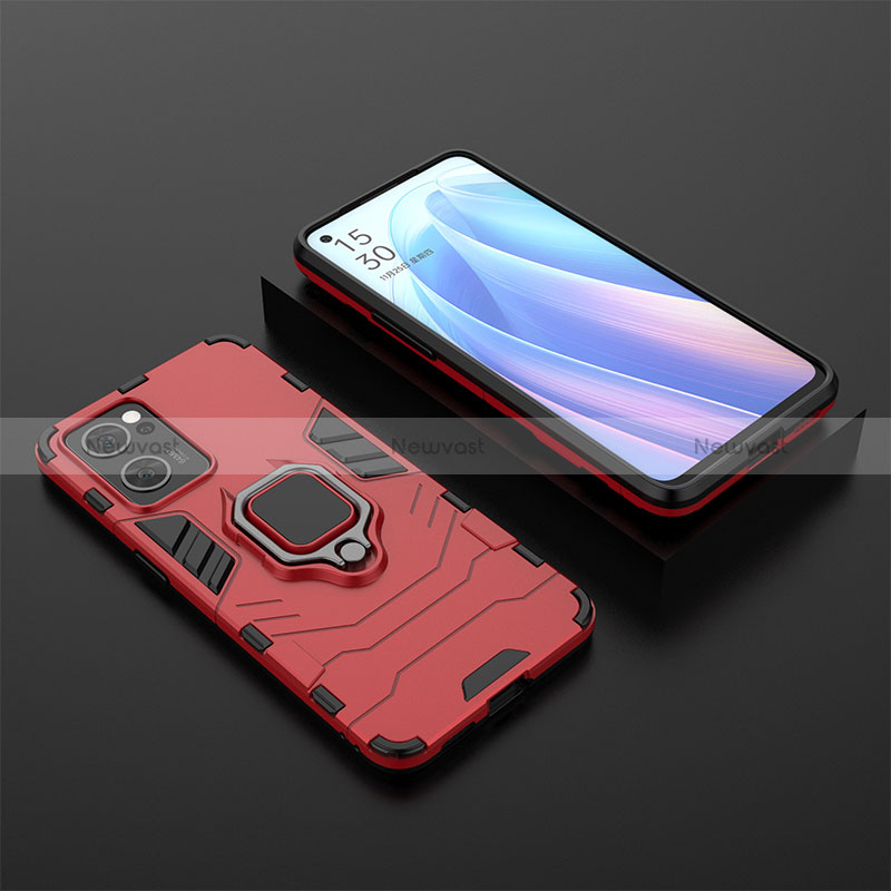 Silicone Matte Finish and Plastic Back Cover Case with Magnetic Finger Ring Stand S02 for Oppo Reno7 5G