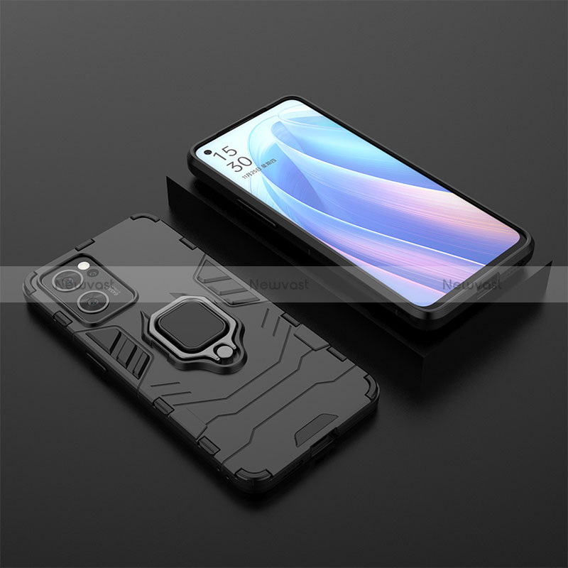 Silicone Matte Finish and Plastic Back Cover Case with Magnetic Finger Ring Stand S02 for Oppo Reno7 5G Black