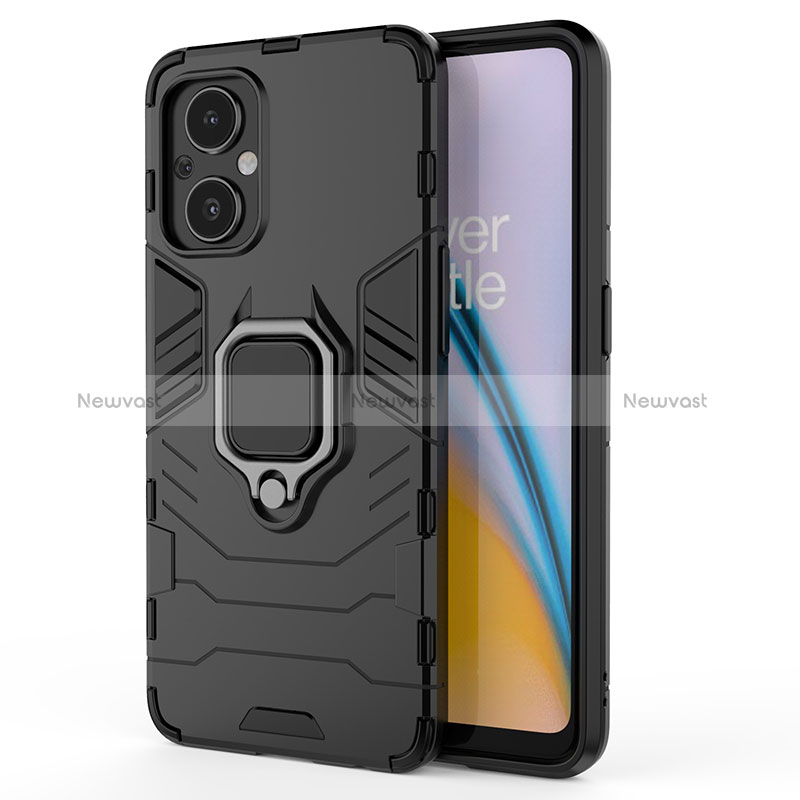 Silicone Matte Finish and Plastic Back Cover Case with Magnetic Finger Ring Stand S02 for Oppo Reno7 Lite 5G Black