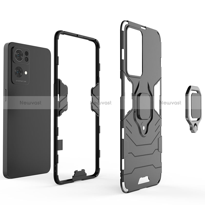 Silicone Matte Finish and Plastic Back Cover Case with Magnetic Finger Ring Stand S02 for Oppo Reno7 Pro 5G