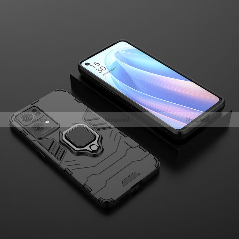 Silicone Matte Finish and Plastic Back Cover Case with Magnetic Finger Ring Stand S02 for Oppo Reno7 Pro 5G Black