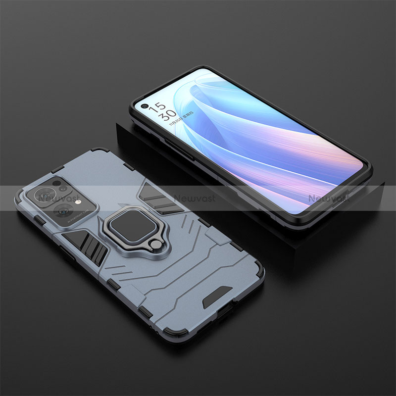 Silicone Matte Finish and Plastic Back Cover Case with Magnetic Finger Ring Stand S02 for Oppo Reno7 Pro 5G Blue