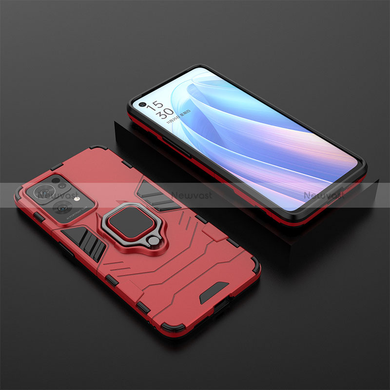 Silicone Matte Finish and Plastic Back Cover Case with Magnetic Finger Ring Stand S02 for Oppo Reno7 Pro 5G Red