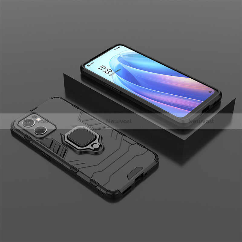 Silicone Matte Finish and Plastic Back Cover Case with Magnetic Finger Ring Stand S02 for Oppo Reno7 SE 5G Black