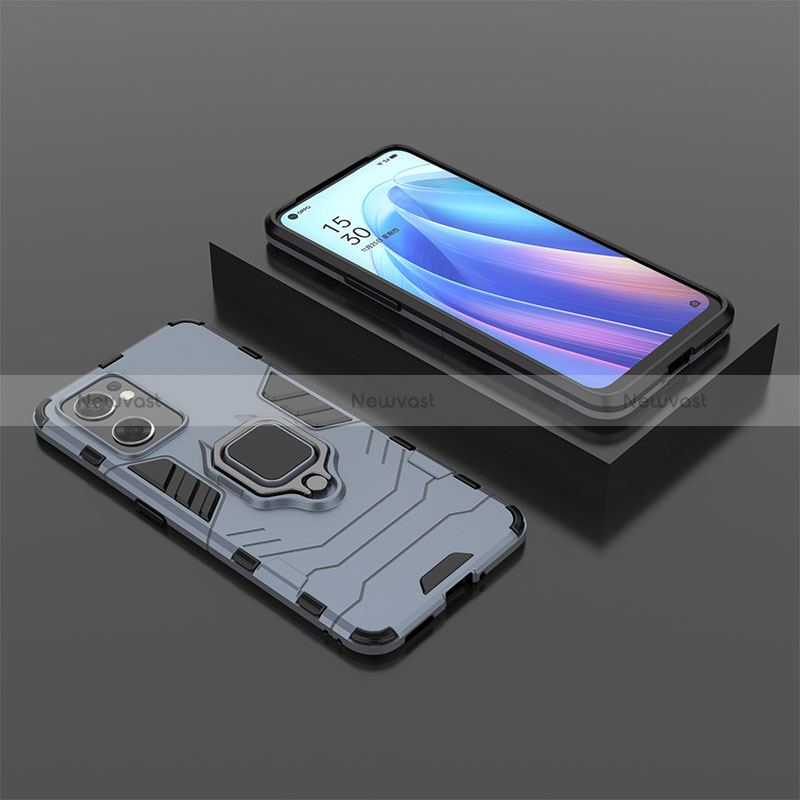 Silicone Matte Finish and Plastic Back Cover Case with Magnetic Finger Ring Stand S02 for Oppo Reno7 SE 5G Blue