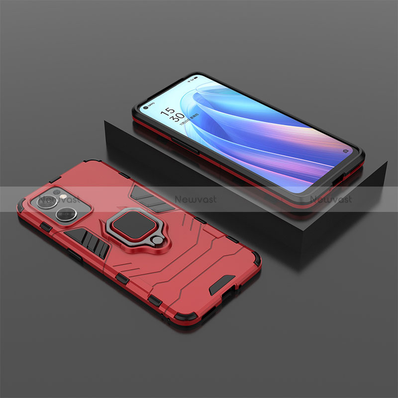 Silicone Matte Finish and Plastic Back Cover Case with Magnetic Finger Ring Stand S02 for Oppo Reno7 SE 5G Red