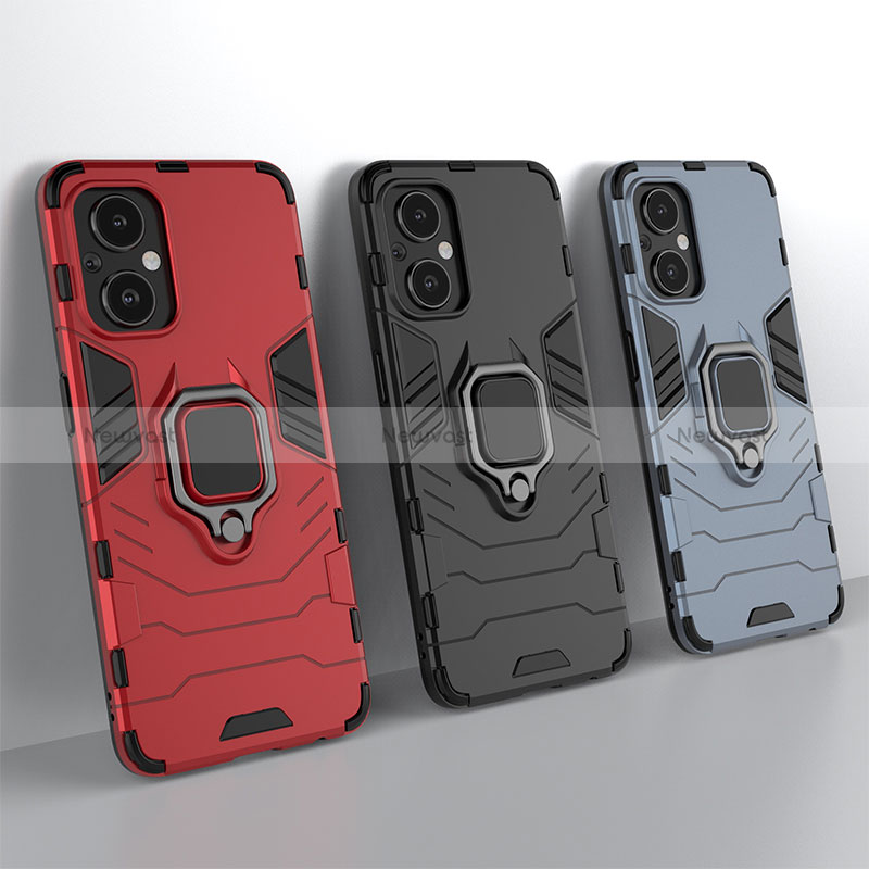 Silicone Matte Finish and Plastic Back Cover Case with Magnetic Finger Ring Stand S02 for Oppo Reno7 Z 5G