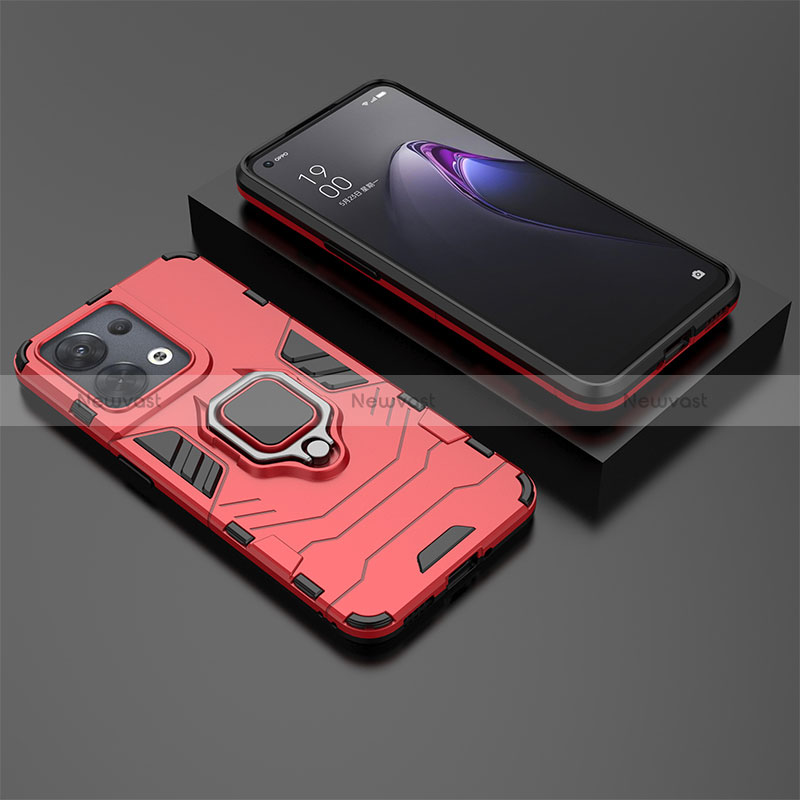 Silicone Matte Finish and Plastic Back Cover Case with Magnetic Finger Ring Stand S02 for Oppo Reno8 5G