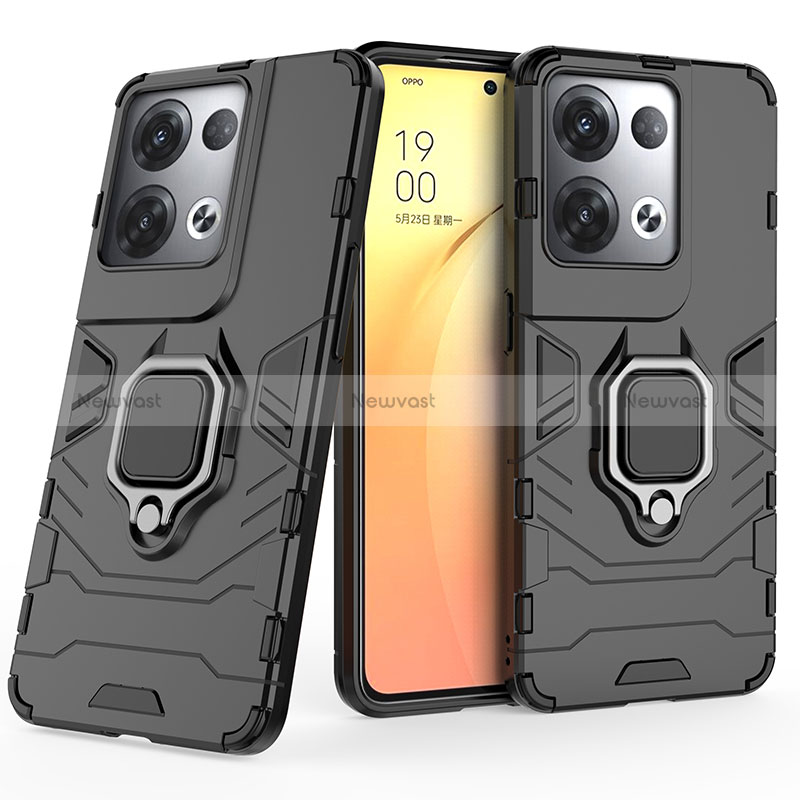 Silicone Matte Finish and Plastic Back Cover Case with Magnetic Finger Ring Stand S02 for Oppo Reno8 Pro 5G Black