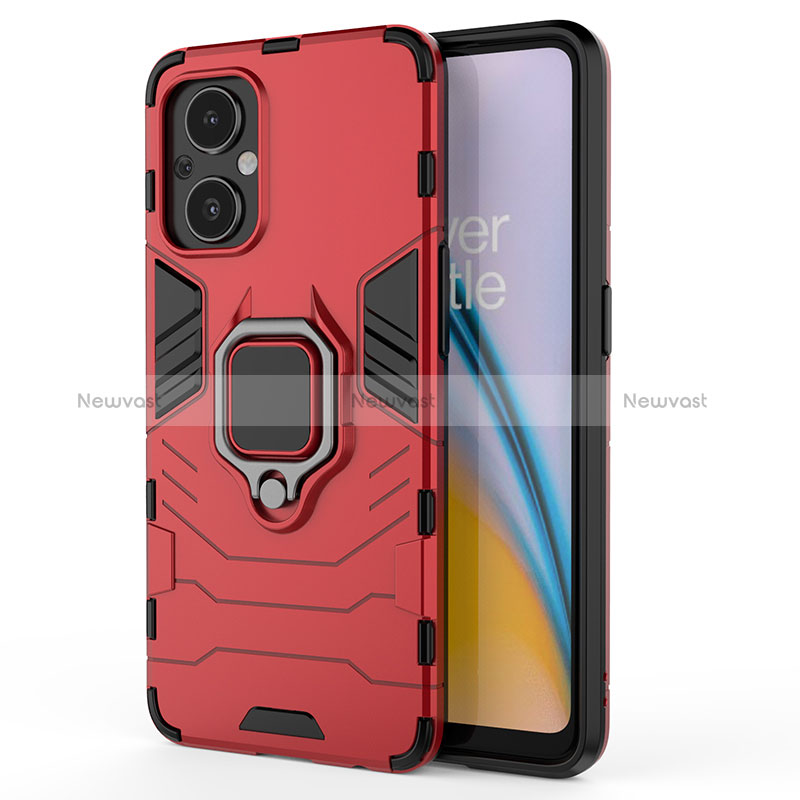 Silicone Matte Finish and Plastic Back Cover Case with Magnetic Finger Ring Stand S02 for Oppo Reno8 Z 5G Red