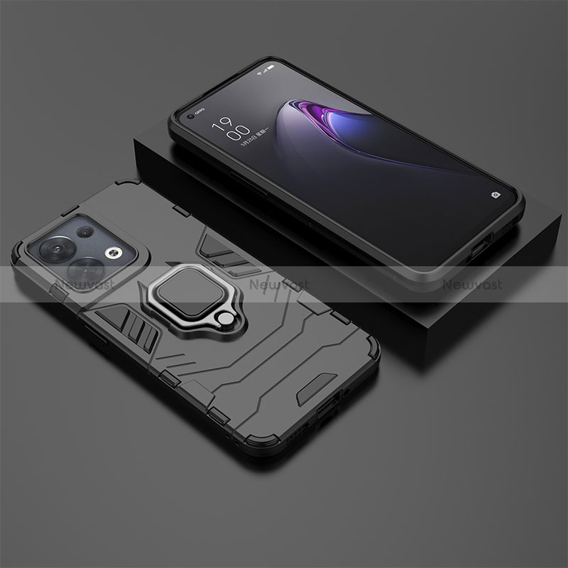Silicone Matte Finish and Plastic Back Cover Case with Magnetic Finger Ring Stand S02 for Oppo Reno9 Pro 5G