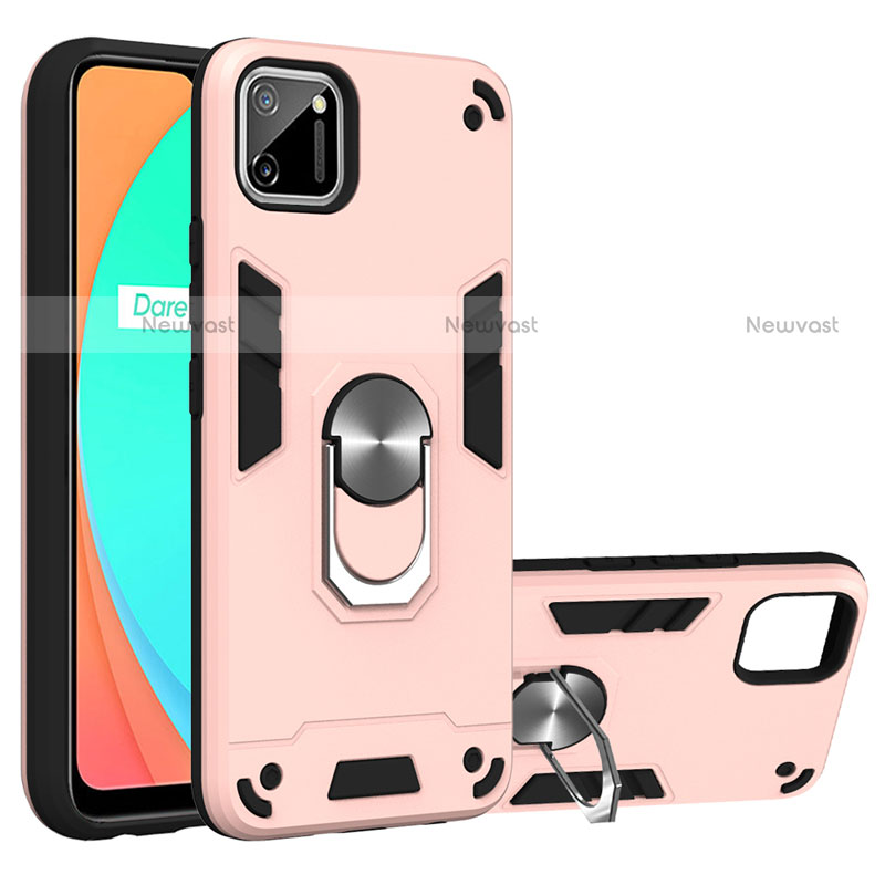 Silicone Matte Finish and Plastic Back Cover Case with Magnetic Finger Ring Stand S02 for Realme C11