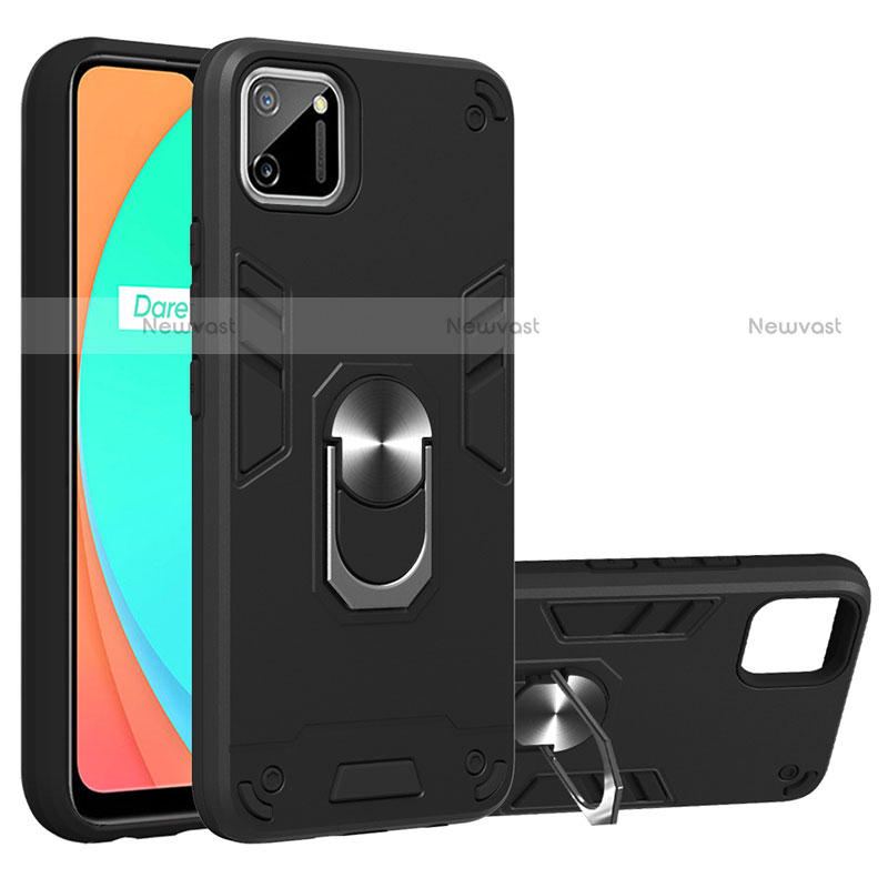 Silicone Matte Finish and Plastic Back Cover Case with Magnetic Finger Ring Stand S02 for Realme C11