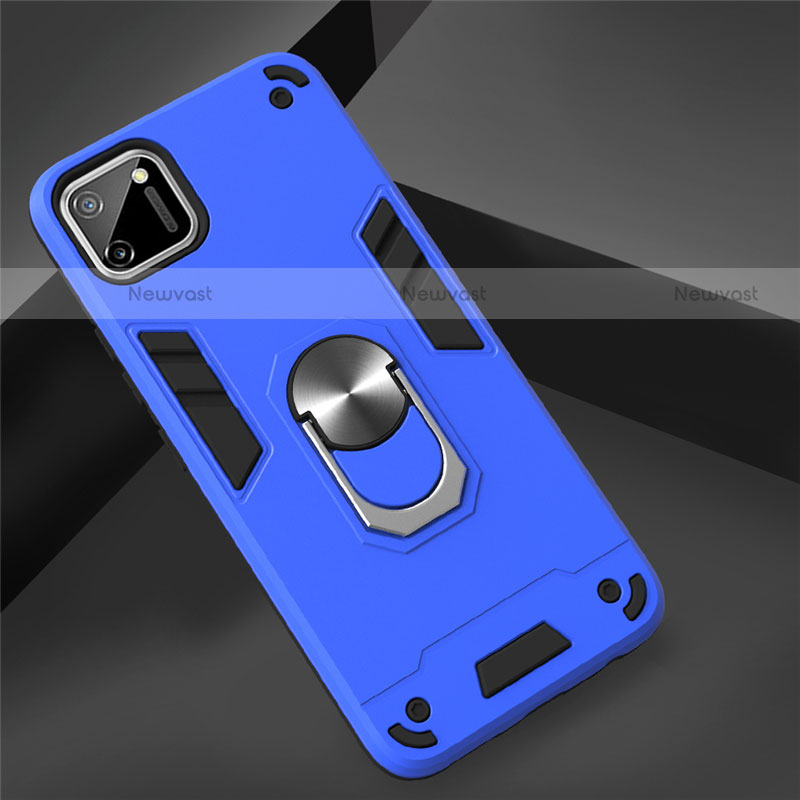 Silicone Matte Finish and Plastic Back Cover Case with Magnetic Finger Ring Stand S02 for Realme C11 Blue