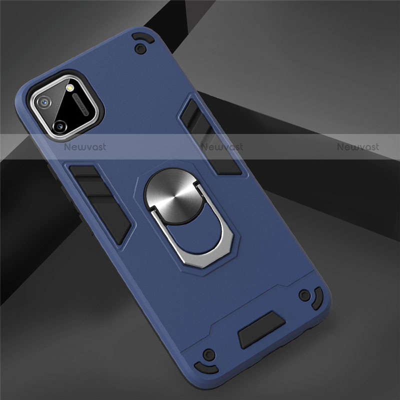 Silicone Matte Finish and Plastic Back Cover Case with Magnetic Finger Ring Stand S02 for Realme C11 Navy Blue