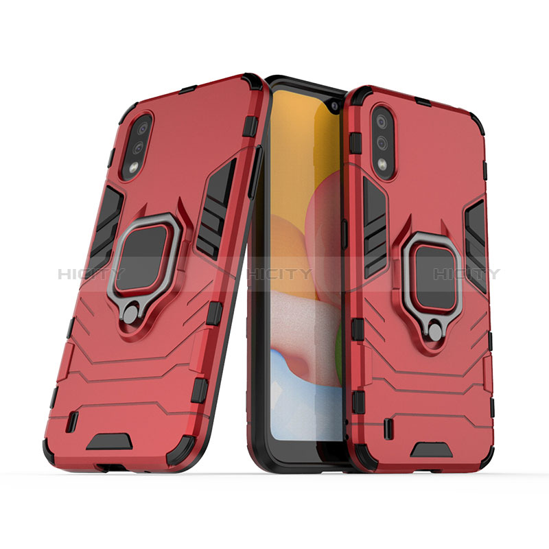 Silicone Matte Finish and Plastic Back Cover Case with Magnetic Finger Ring Stand S02 for Samsung Galaxy A01 SM-A015 Red